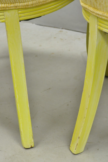 Vintage French Hollywood Regency Yellow Tufted Drape Carved Side Chairs - a Pair