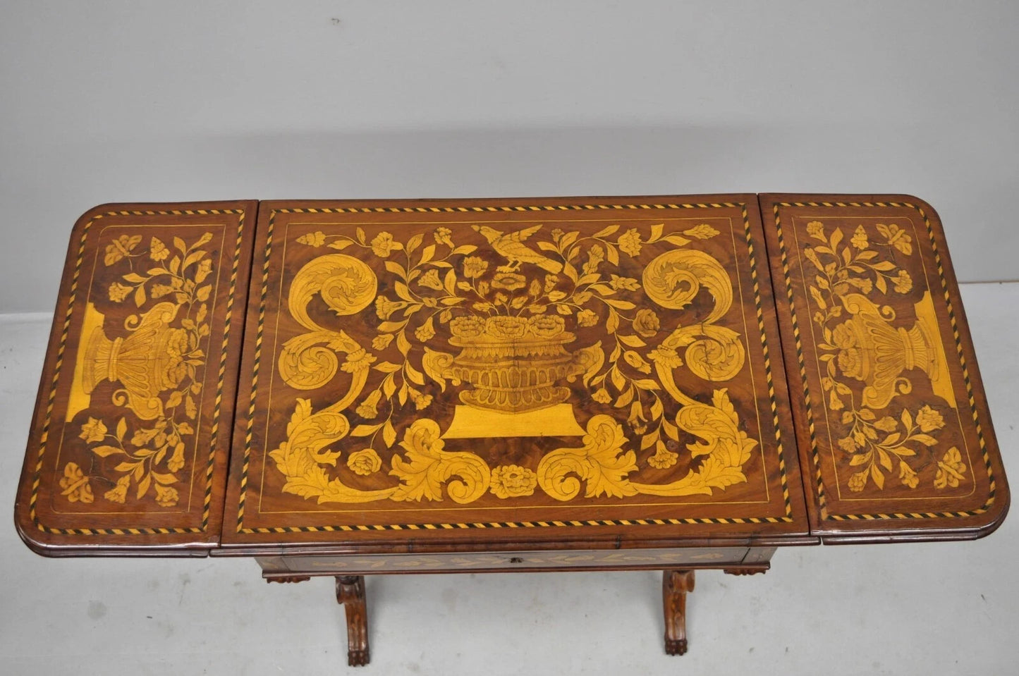 19th C Dutch Marquetry Inlay Regency Style Drop Leaf Sewing Stand Side End Table