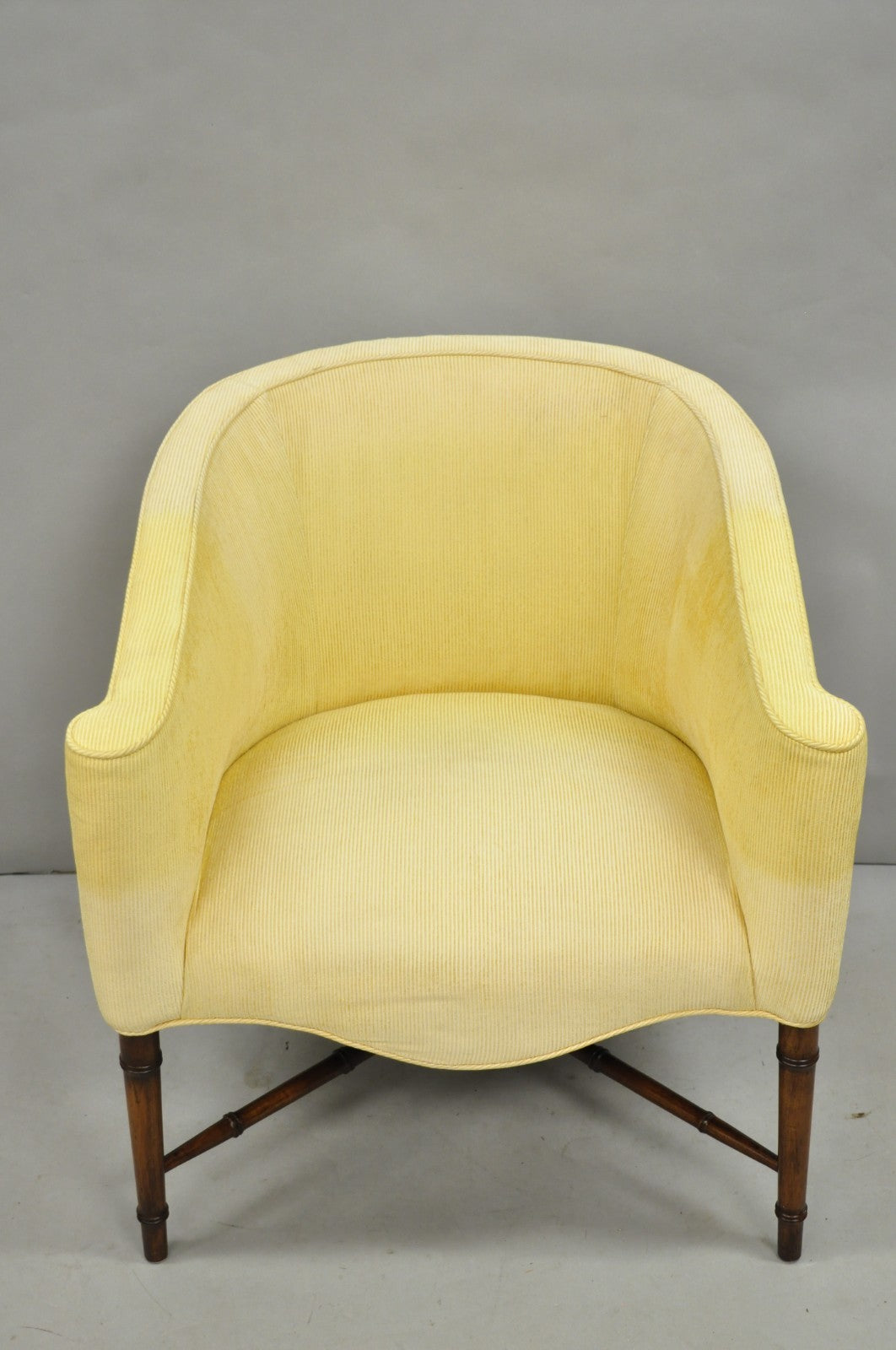 Vintage Faux Bamboo Hollywood Regency Barrel Back Club Lounge Chairs - a Pair