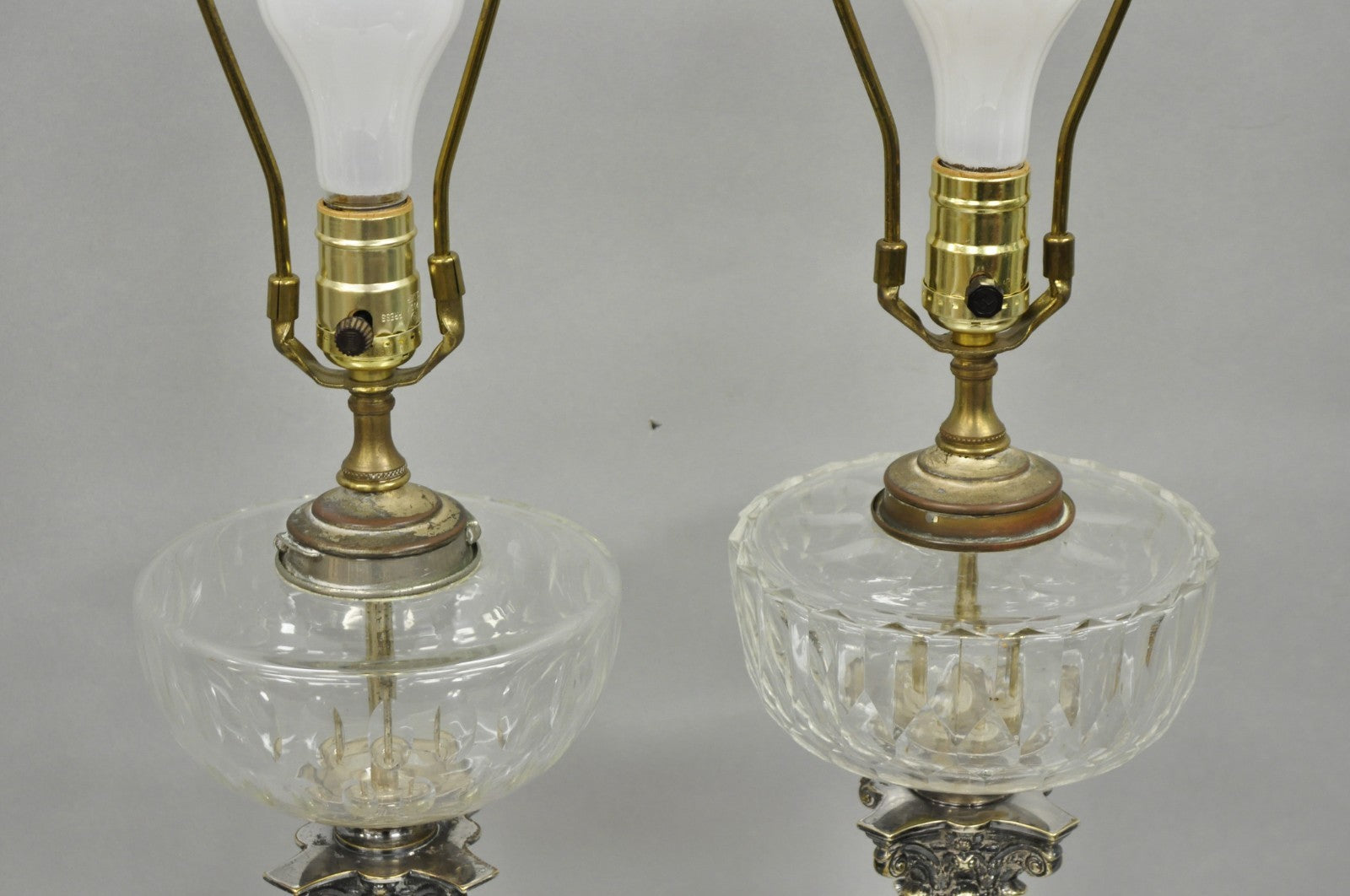 French Empire English Silver Plated Corinthian Column Table Lamp - Near Pair