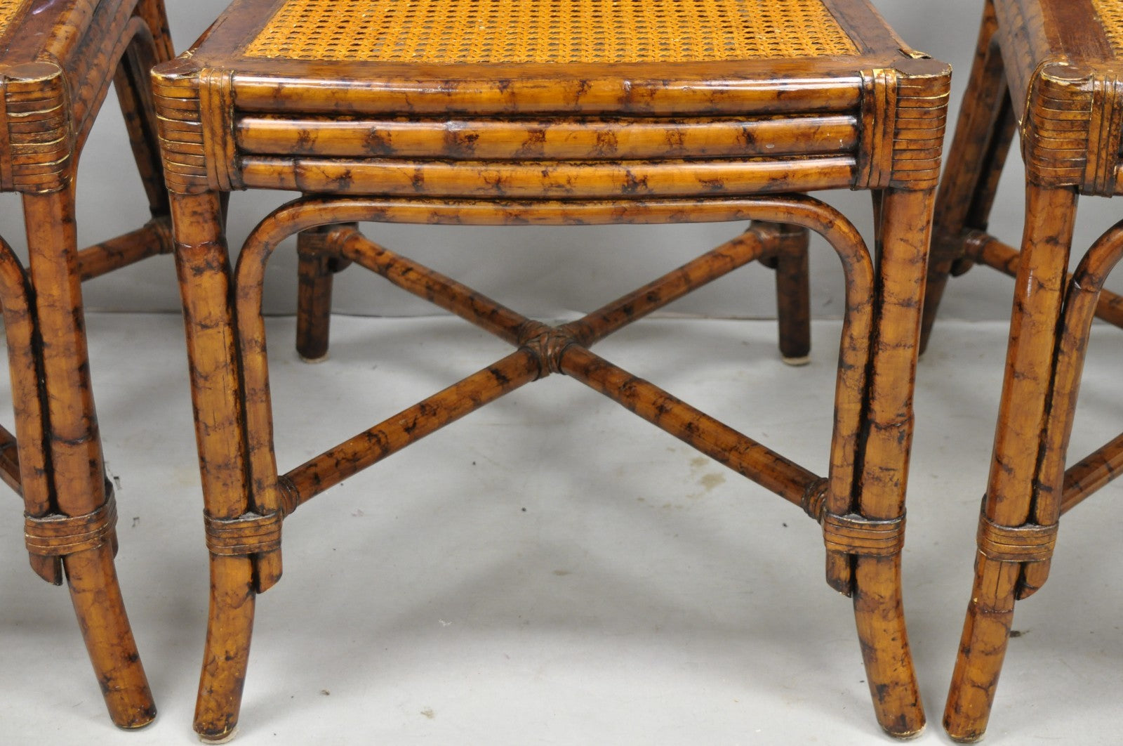 Hollywood Regency British Colonial Burnt Bamboo Cane Dining Chairs - Set of 4