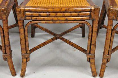 Hollywood Regency British Colonial Burnt Bamboo Cane Dining Chairs - Set of 4