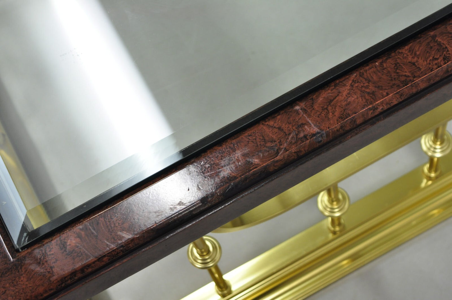 Vintage Erwin Lambeth Burl Walnut Brass Fireplace Fender 42" Square Coffee Table