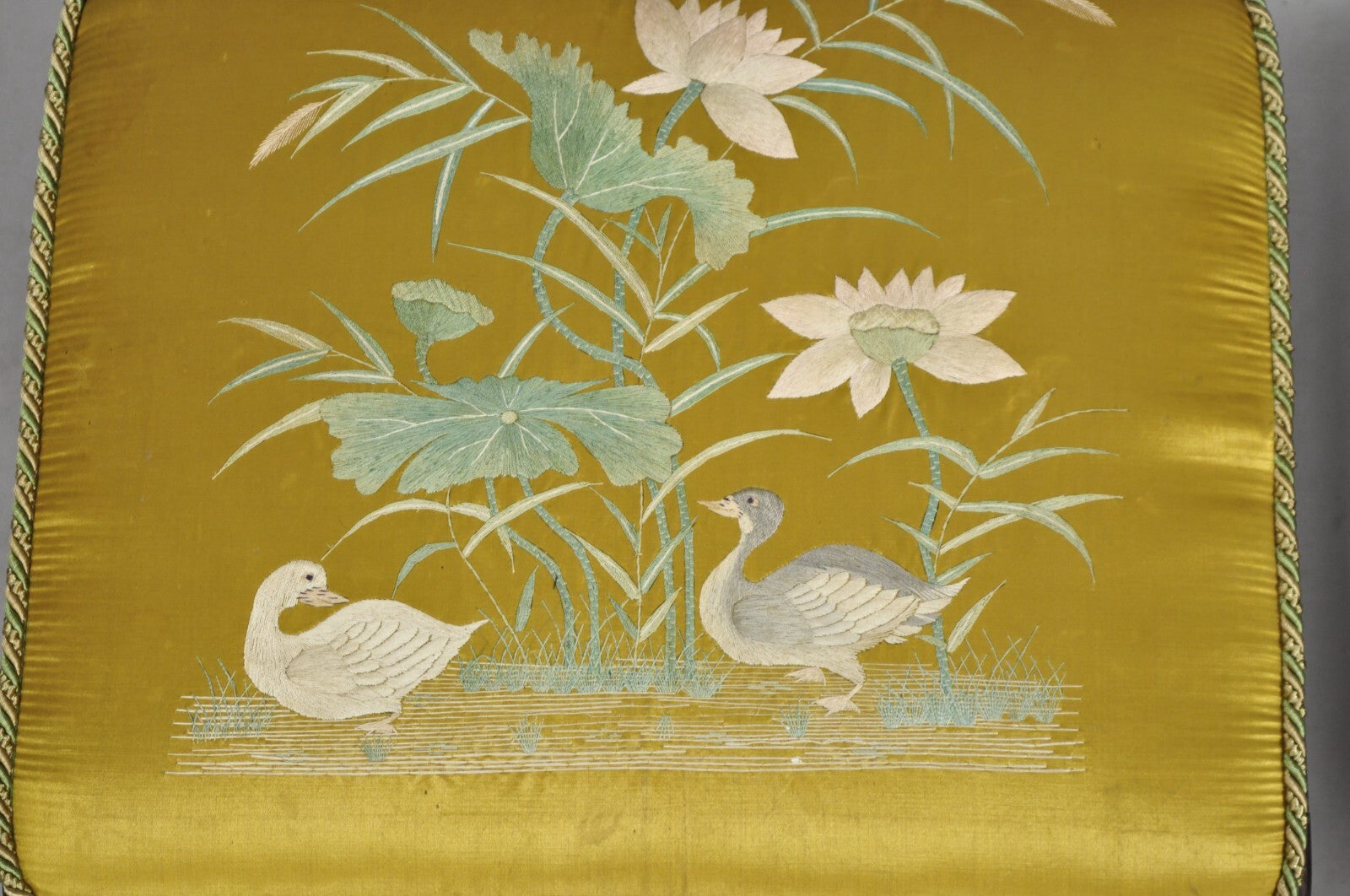Vintage Chinoiserie Chinese Ming Style Low Footstool Ottoman w/ Silk - Pair