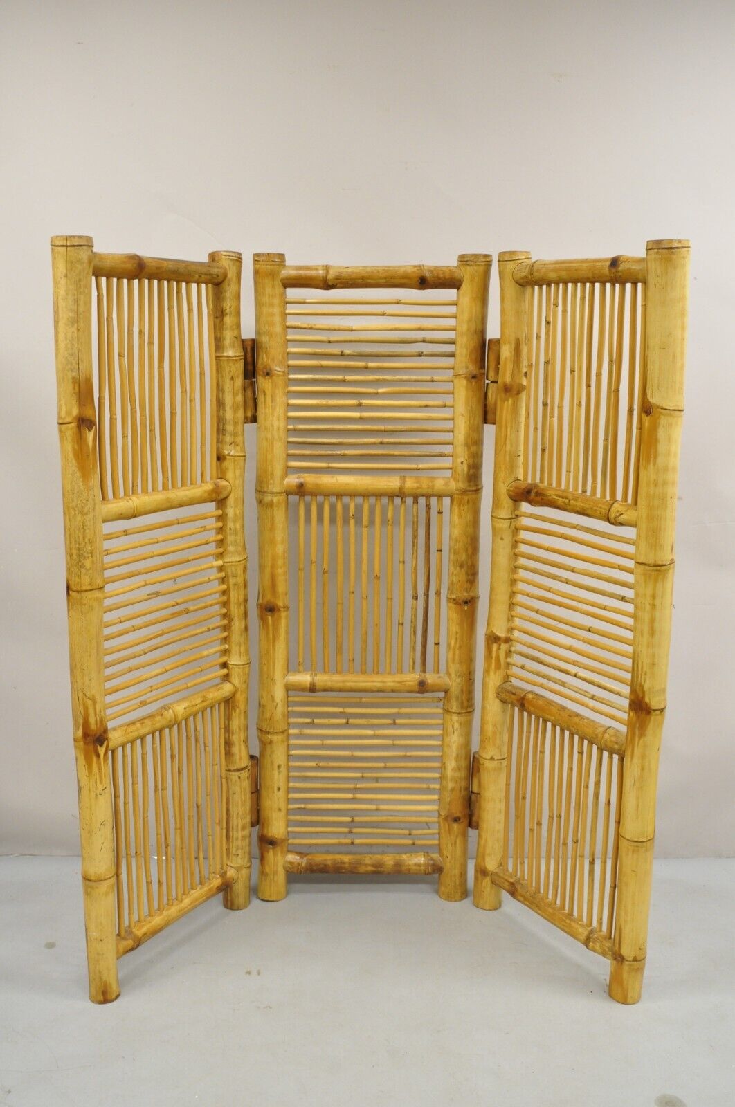 Vintage Boho Chic Bamboo Wood 3 Section Tiki Rattan Room Divider Screen