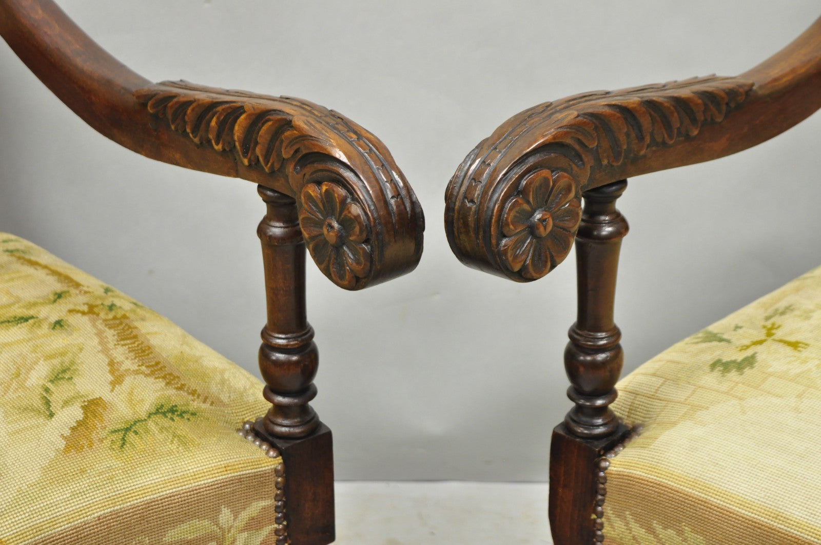 Antique French Louis XIV Style Needlepoint Tapestry Carved Walnut Arm Chair Pair