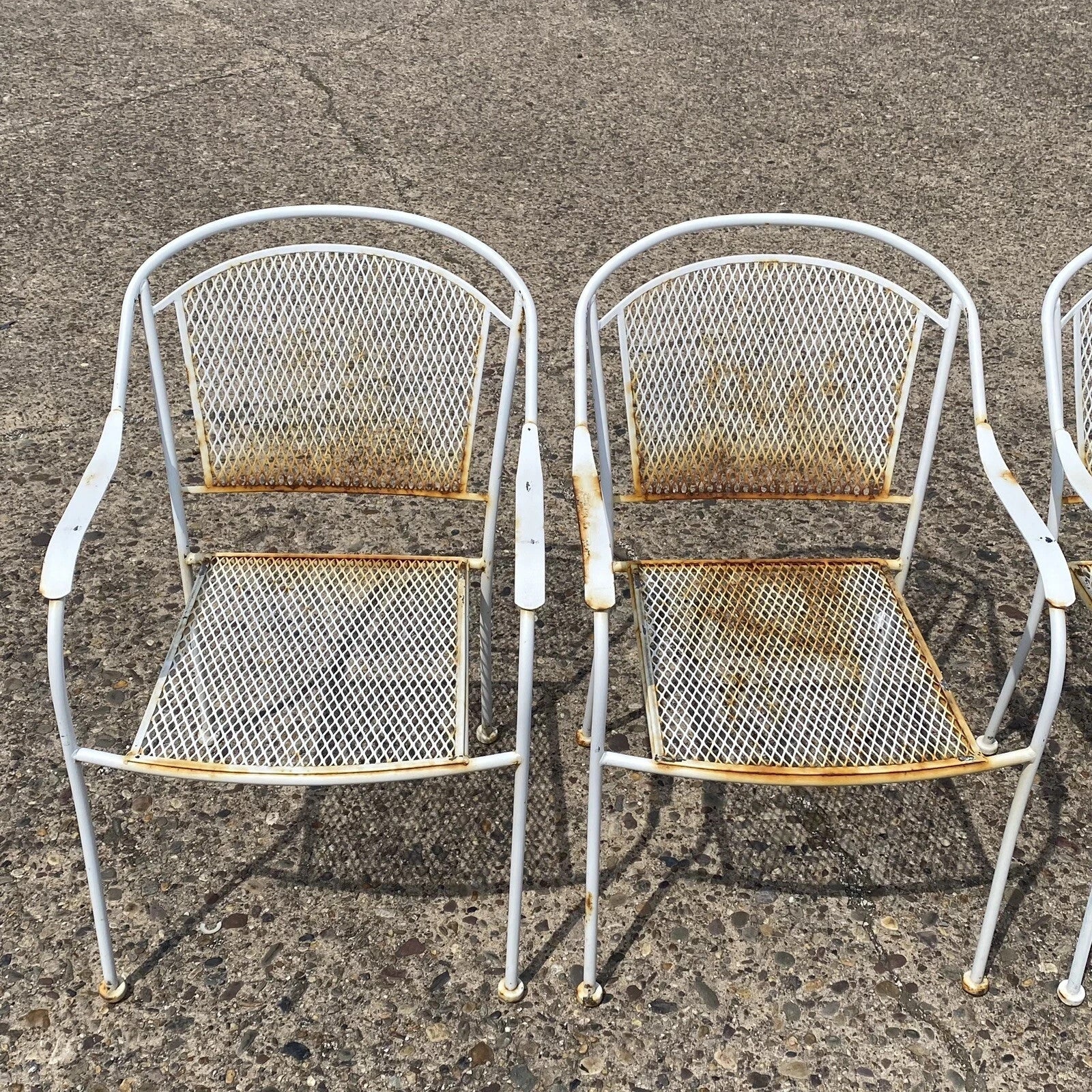 Vintage Modern Wrought Iron Sculptural Outdoor Patio Stacking Arm Chairs - Set 4