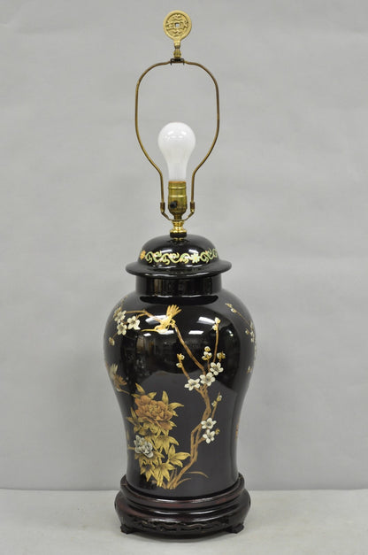Vintage Chinoiserie Oriental Chinese Black Porcelain Large Ginger Jar Table Lamp