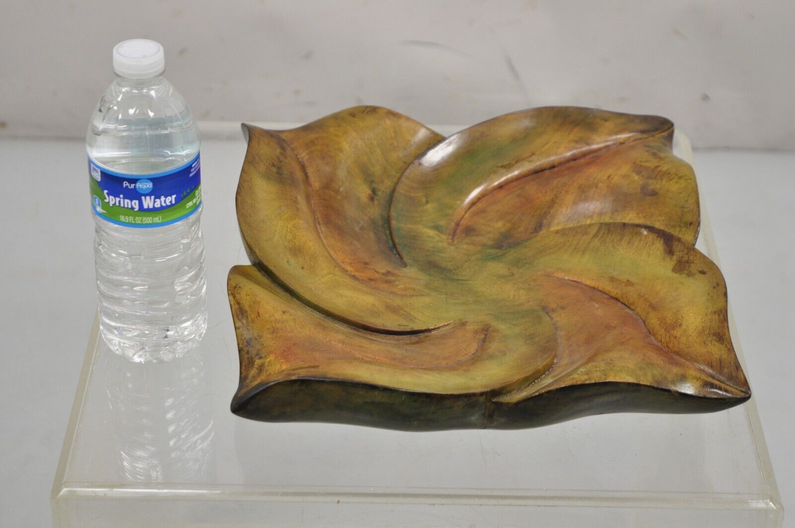 Vintage Dan Karner Mid Century Modern Square Carved Wood Leaf Centerpiece Bowl