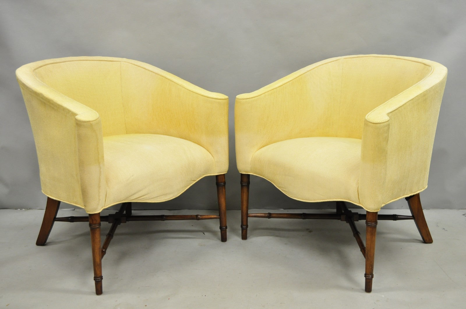 Vintage Faux Bamboo Hollywood Regency Barrel Back Club Lounge Chairs - a Pair