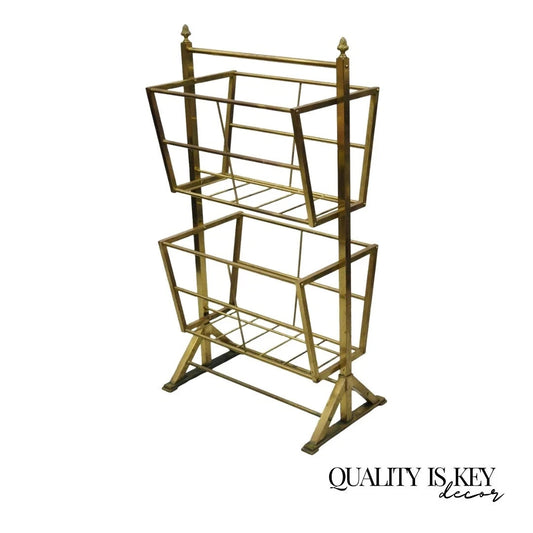 Vintage Italian Mid Century Modern Brass Frame 2 Tier Magazine Towel Rack Stand