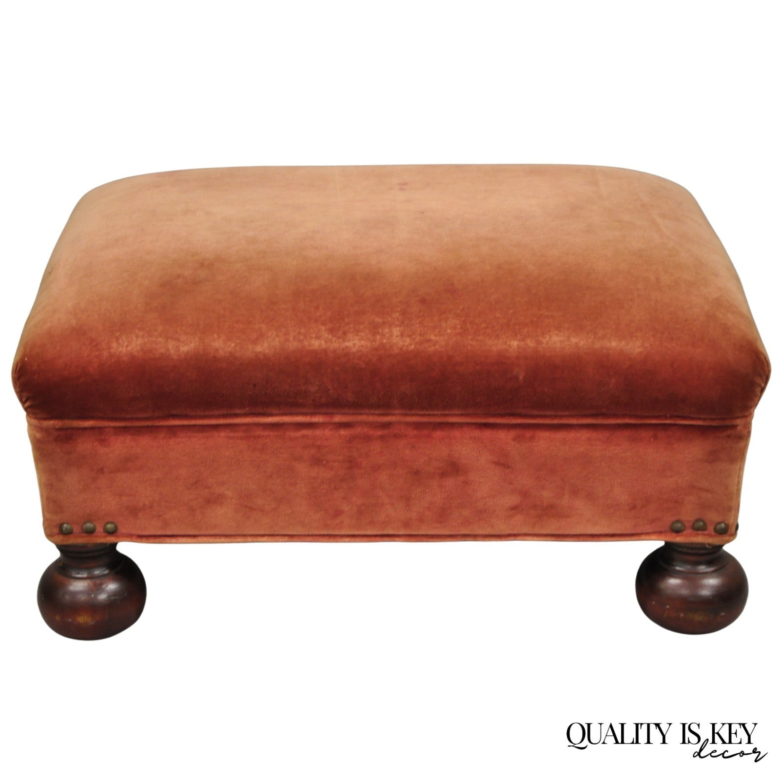 Vintage Jacobean William & Mary Walnut Bun Feet Upholstered Ottoman Footstool