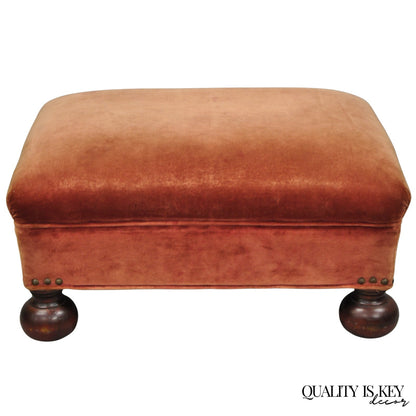 Vintage Jacobean William & Mary Walnut Bun Feet Upholstered Ottoman Footstool