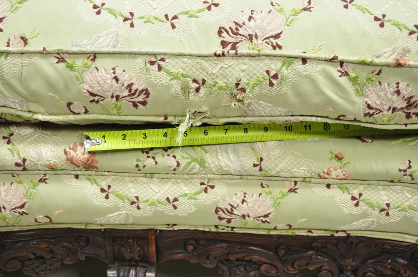 Antique Italian Renaissance Carved Walnut French Victorian Rams Head Green Sofa