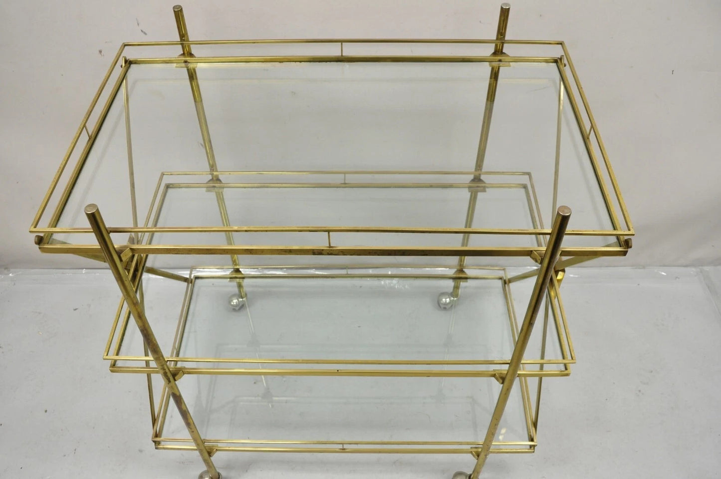 Mid Century Italian Modern 3 Tier Brass & Glass X-Frame Rolling Bar Cart Table