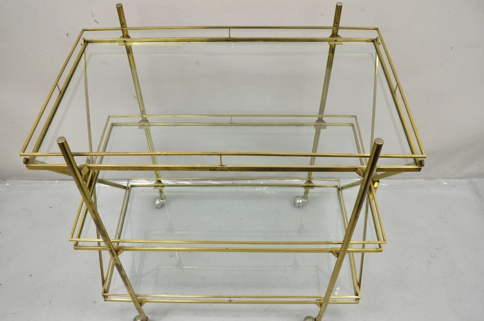 Mid Century Italian Modern 3 Tier Brass & Glass X-Frame Rolling Bar Cart Table