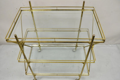 Mid Century Italian Modern 3 Tier Brass & Glass X-Frame Rolling Bar Cart Table