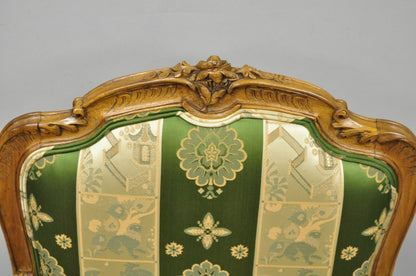 Antique French Louis XV Style Green & Gold Walnut Fauteuil Arm Chairs - a Pair