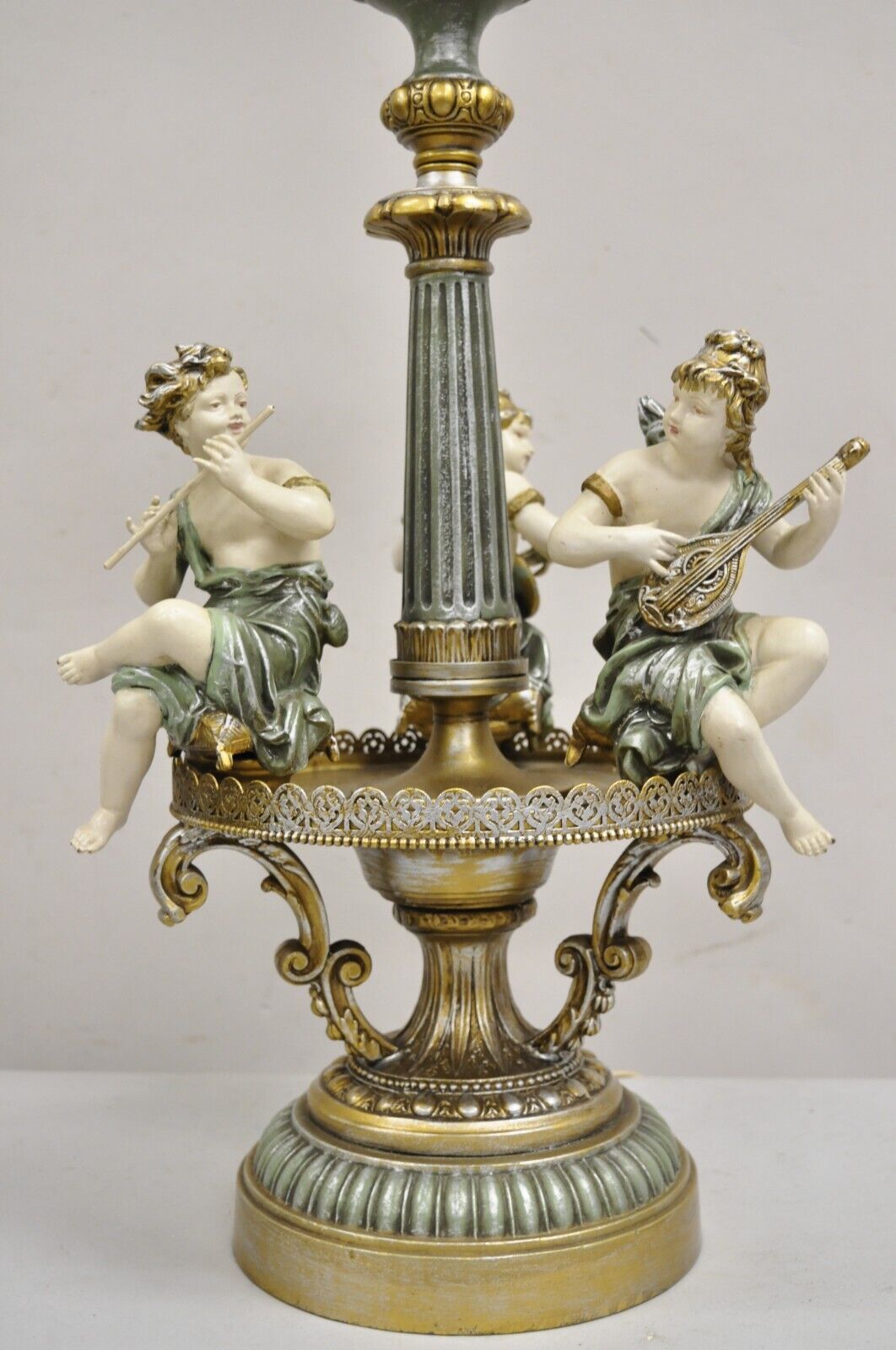 Vintage French Victorian Renaissance Figural Cherub Musician Metal Table Lamp