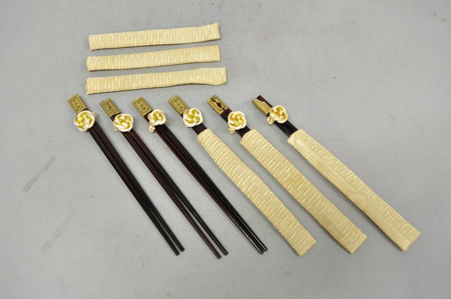 Vintage Japanese Oriental Chopsticks in Custom Silk Gold Sleeves - 6 Pc Set