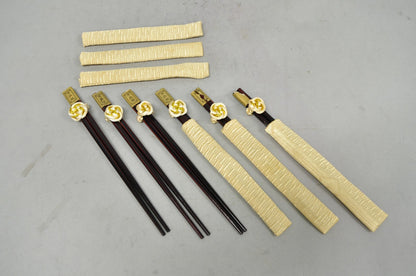 Vintage Japanese Oriental Chopsticks in Custom Silk Gold Sleeves - 6 Pc Set