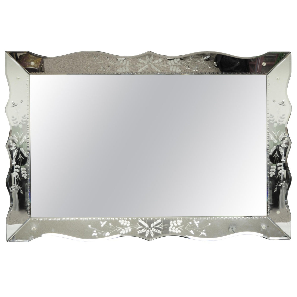 Vintage Venetian Art Deco Scalloped Edge Floral Etched Glass Large Wall Mirror