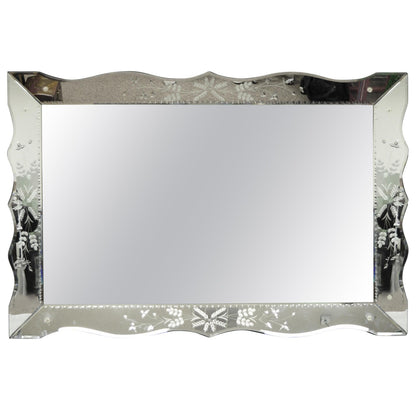 Vintage Venetian Art Deco Scalloped Edge Floral Etched Glass Large Wall Mirror