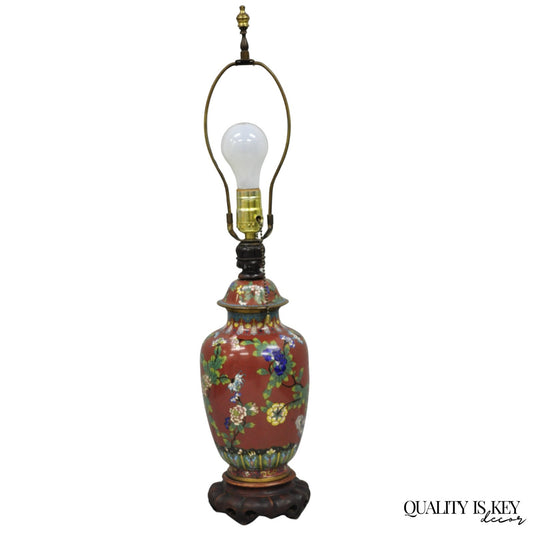 Vintage Chinese Porcelain Enamel Bronze Red Cloisonne Champleve Vase Table Lamp
