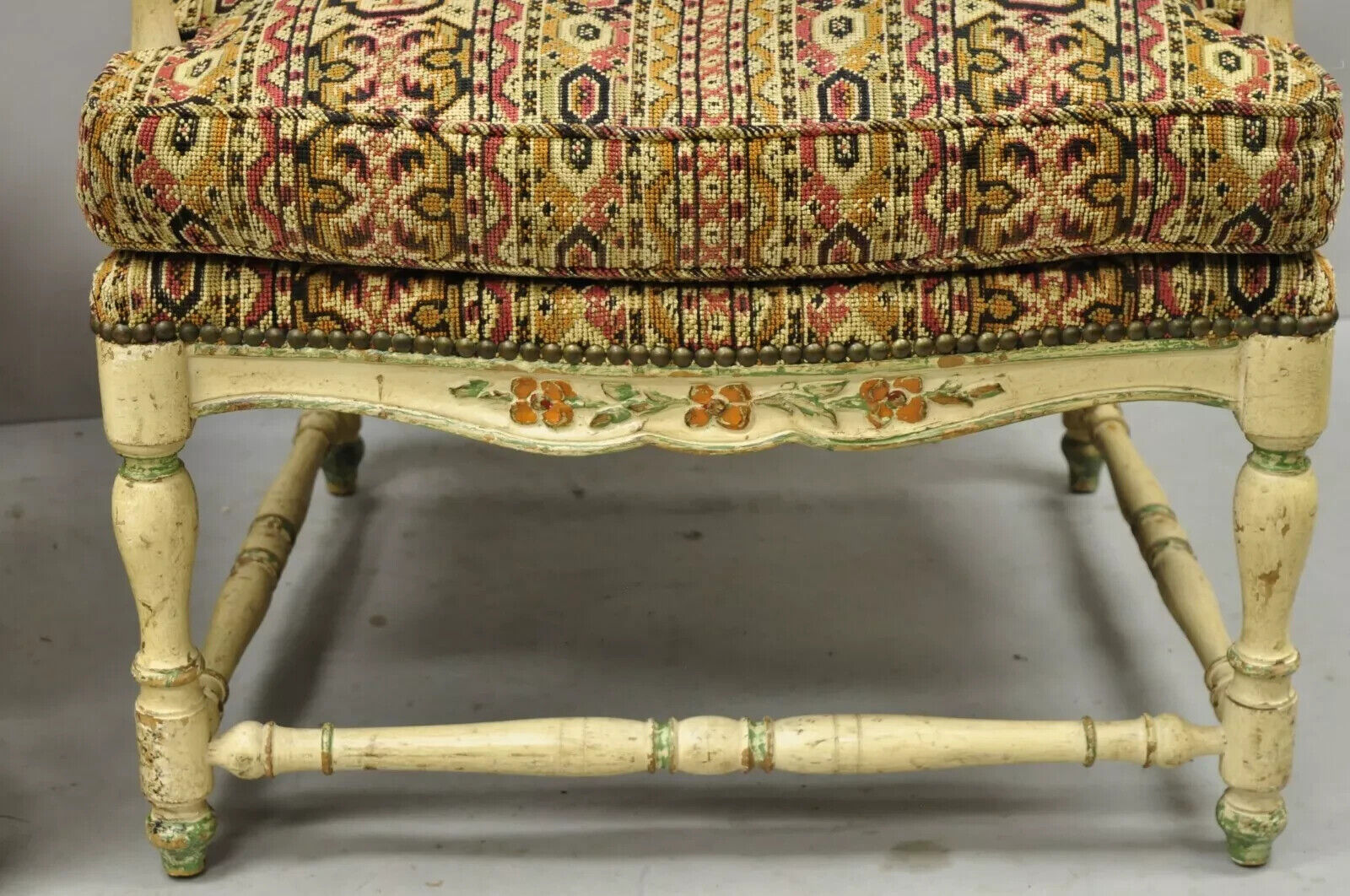 Vintage French Country Cream Distress Painted Lounge Arm Chairs & Ottoman a Pair