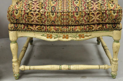 Vintage French Country Cream Distress Painted Lounge Arm Chairs & Ottoman a Pair