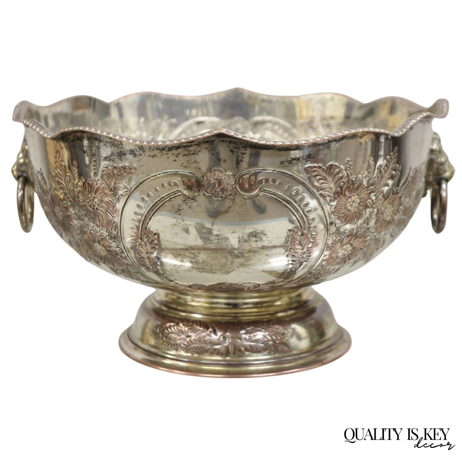 Antique English Regency Victorian Floral Repousse Lion Punch Bowl Ice Bucket
