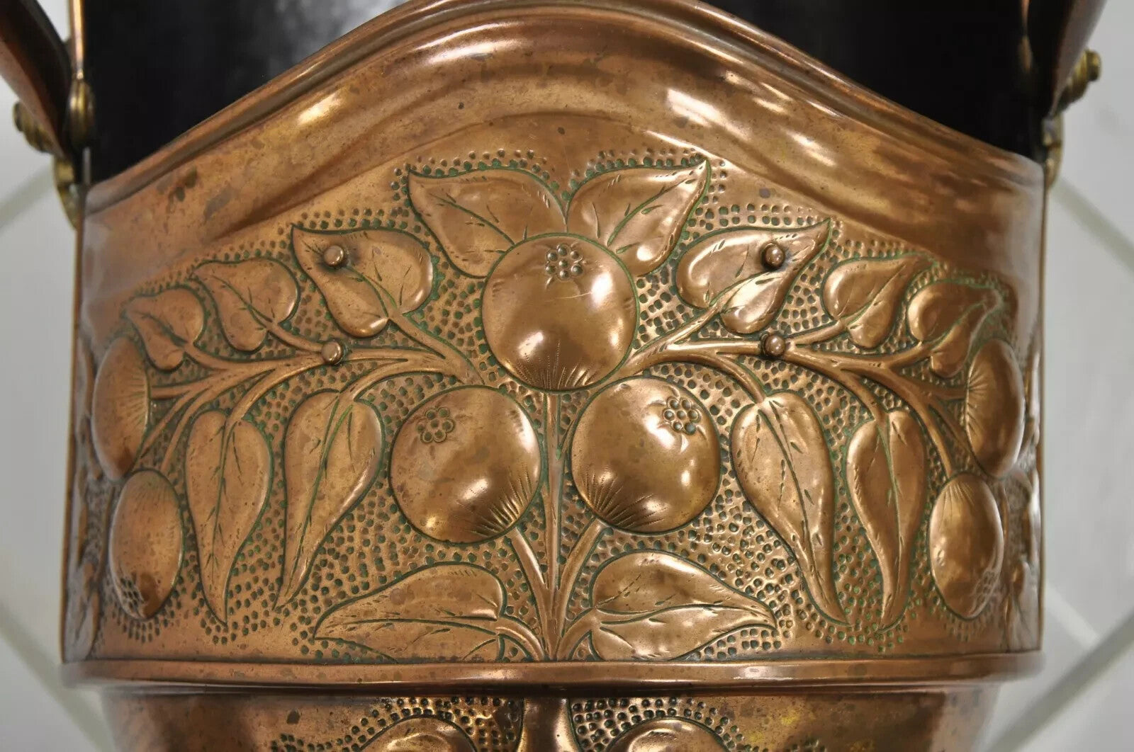 Antique English Victorian Floral Embossed Copper Helmet Coal Scuttle Bucket
