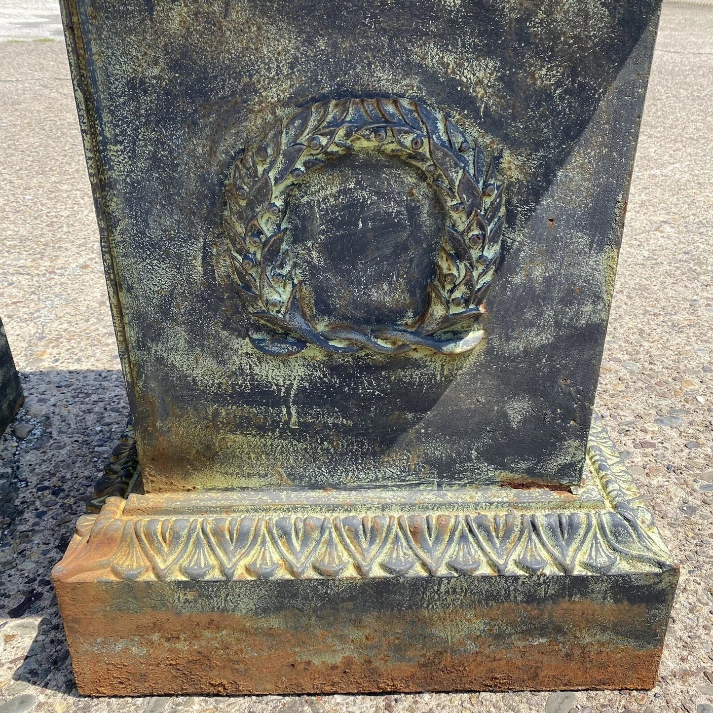 Vintage Neoclassical Cast Iron Wreath Garden Urn Planter Pedestal Base - Pair