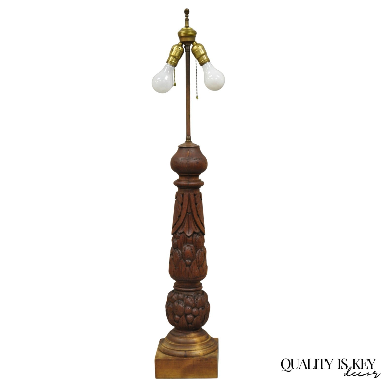 Antique French Country Reclaimed Harvest Carved Oak Wood Baluster Table Lamp
