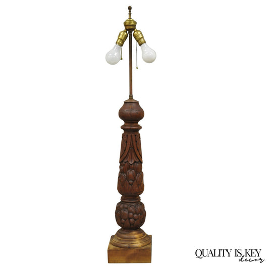 Antique French Country Reclaimed Harvest Carved Oak Wood Baluster Table Lamp