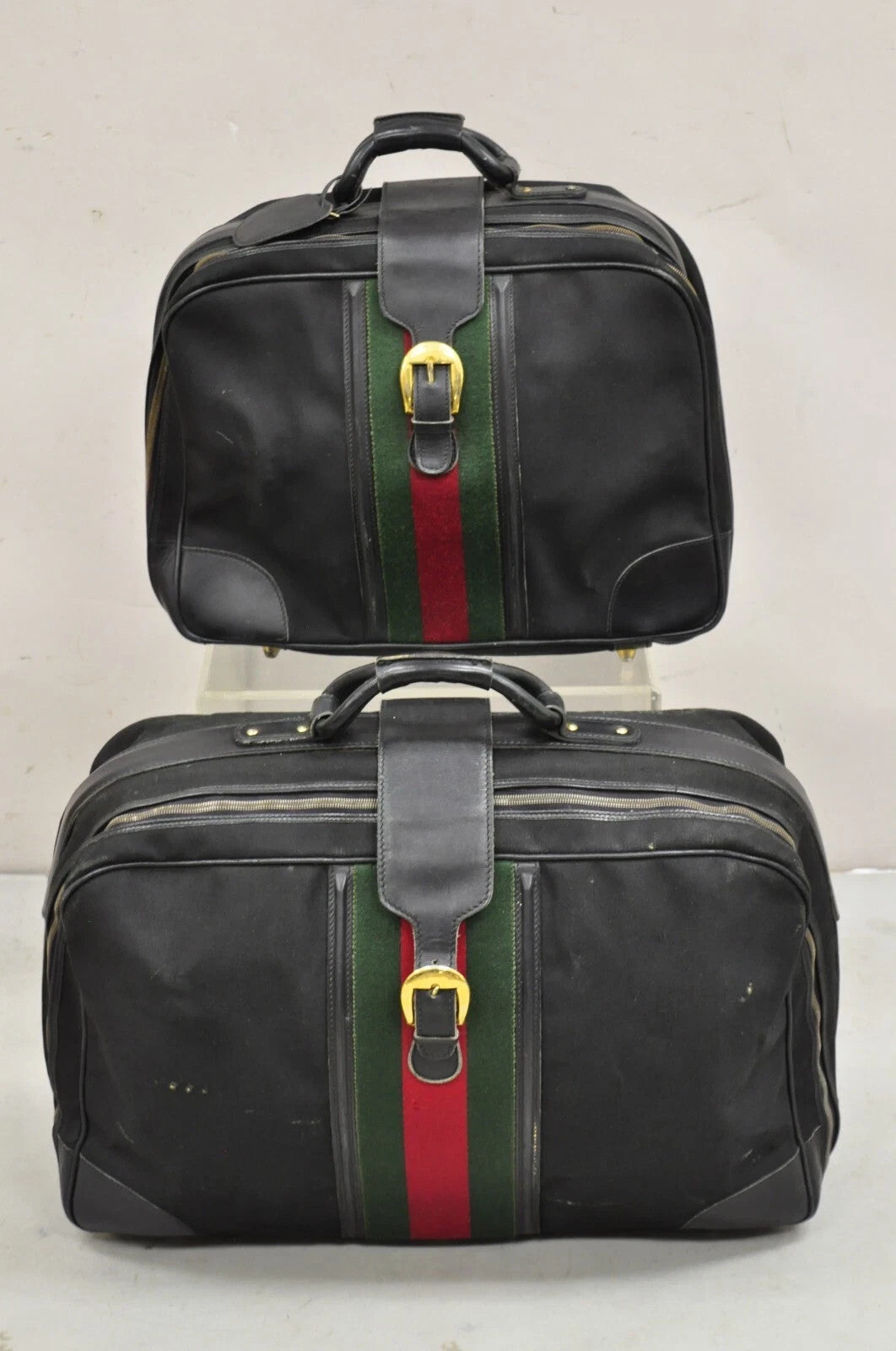 Vintage Gucci Black Canvas & Leather Suitcase Luggage Travel Bag Set - 2 Pcs