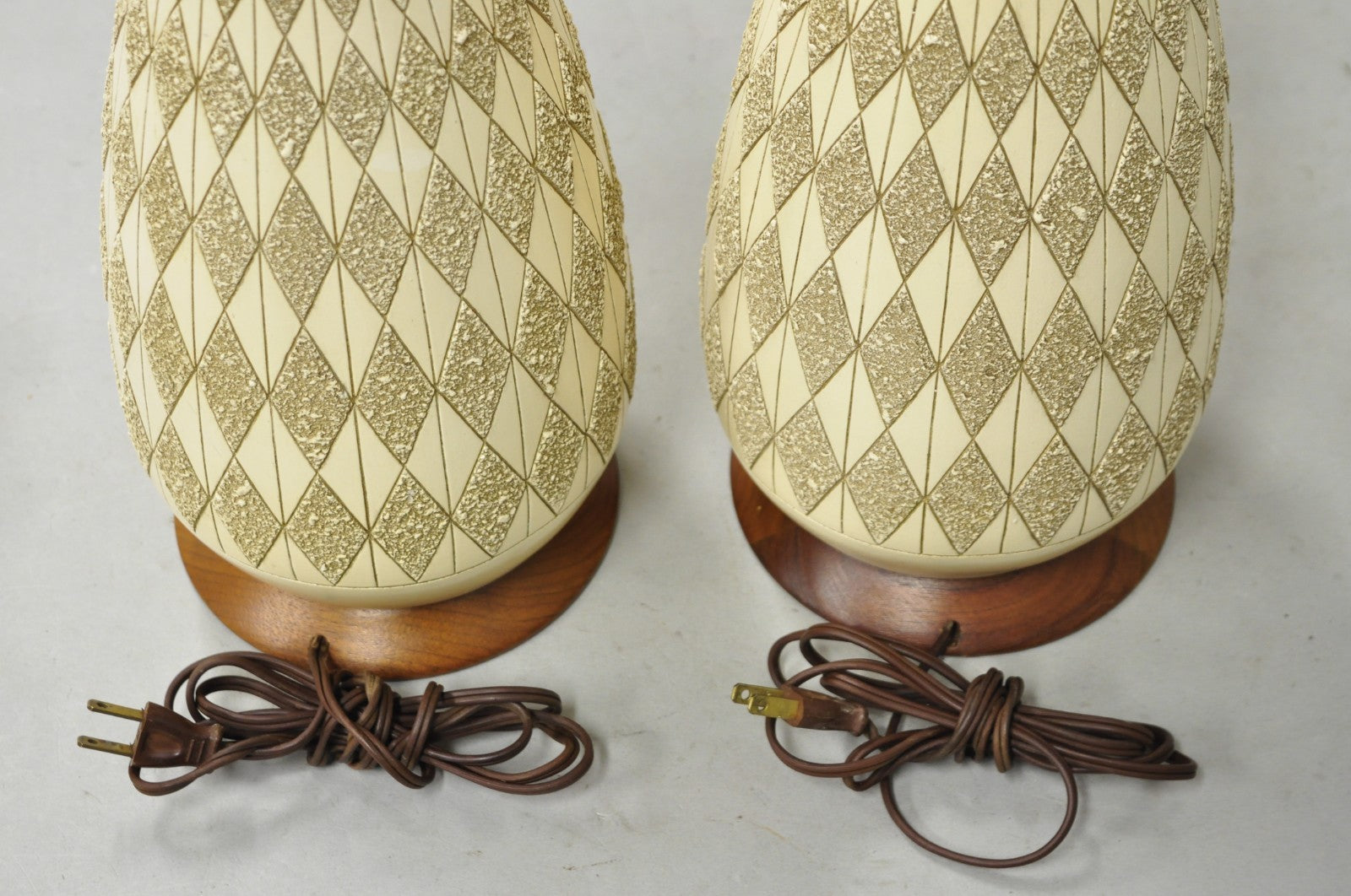Vintage Mid Century Modern Sculpted Ceramic Pottery & Walnut Table Lamps - Pair
