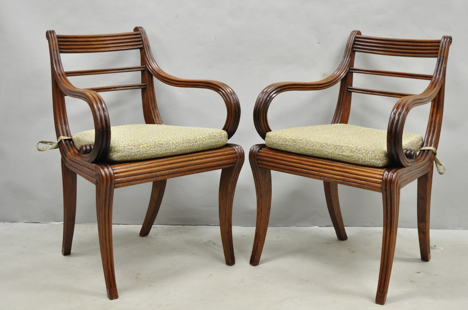 Vintage English Regency Style Cane Seat Mahogany Saber Leg Arm Chairs - a Pair