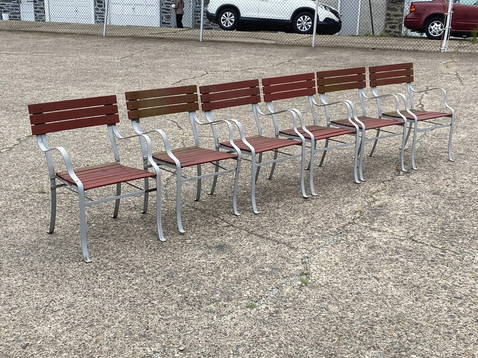 Vintage Wrought Iron Wood Slat French Style Garden Patio Outdoor Chairs - a Pair