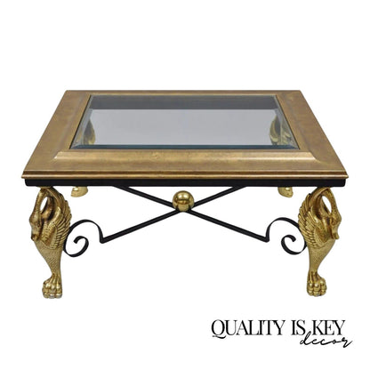 Regency Style Figural Swan Base Rectangular Iron and Glass Gold Coffee Table (A)