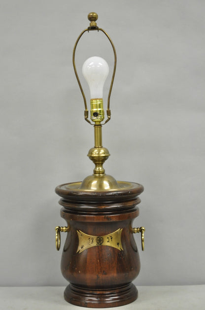 Vintage Frederick Cooper Colonial Style Solid Pine Wood Barrel Brass Table Lamp