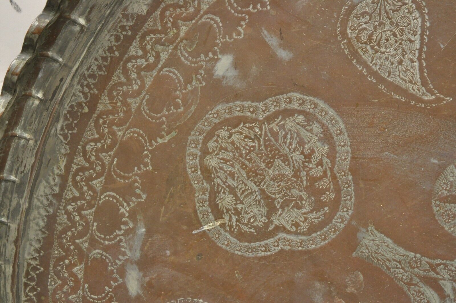 Vintage Copper Syrian Middle Eastern Large 44" Round Engraved Serving Tray