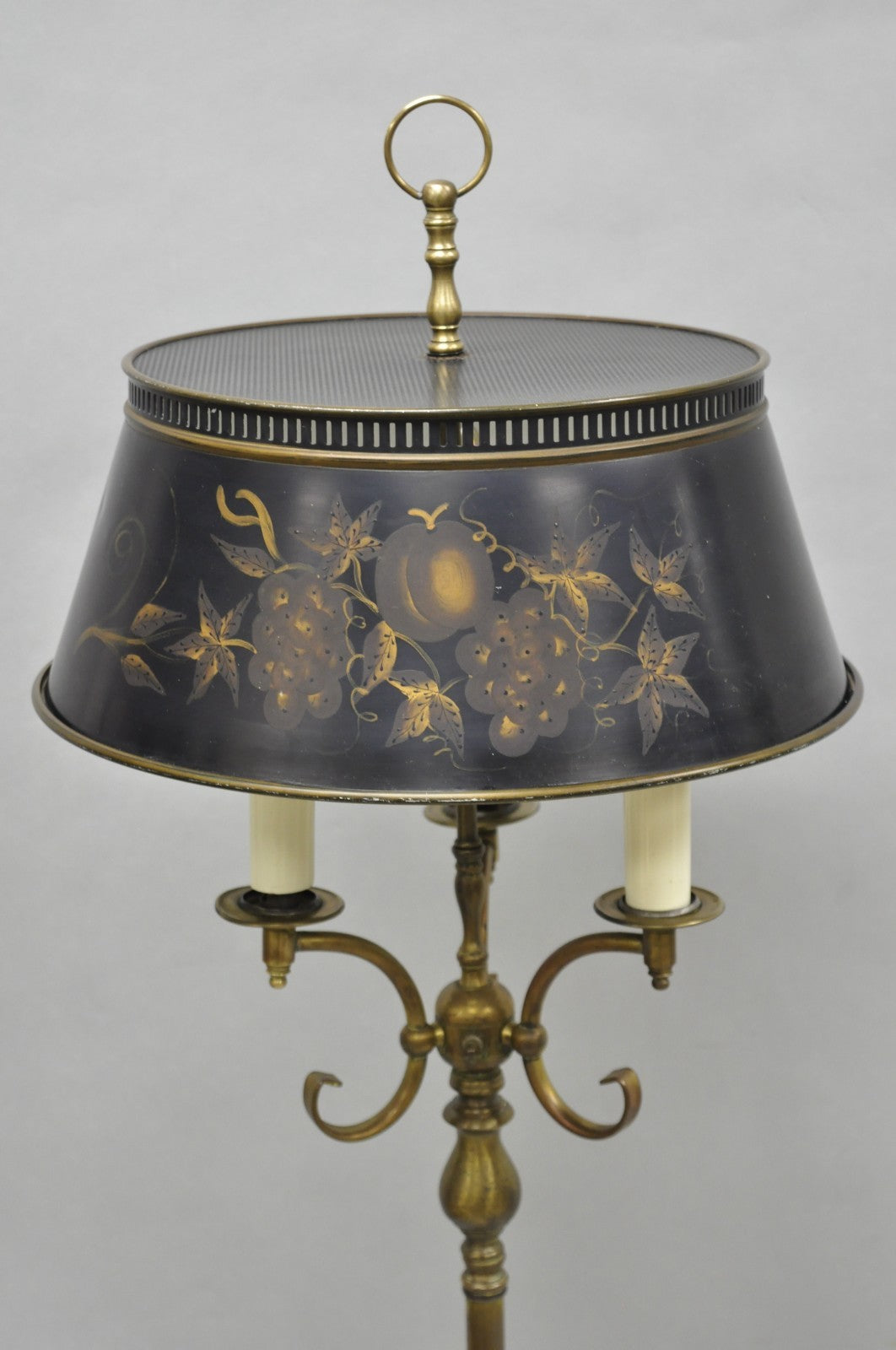 Vintage French Country Brass Reading Floor Pole Lamp with Tole Metal Shade