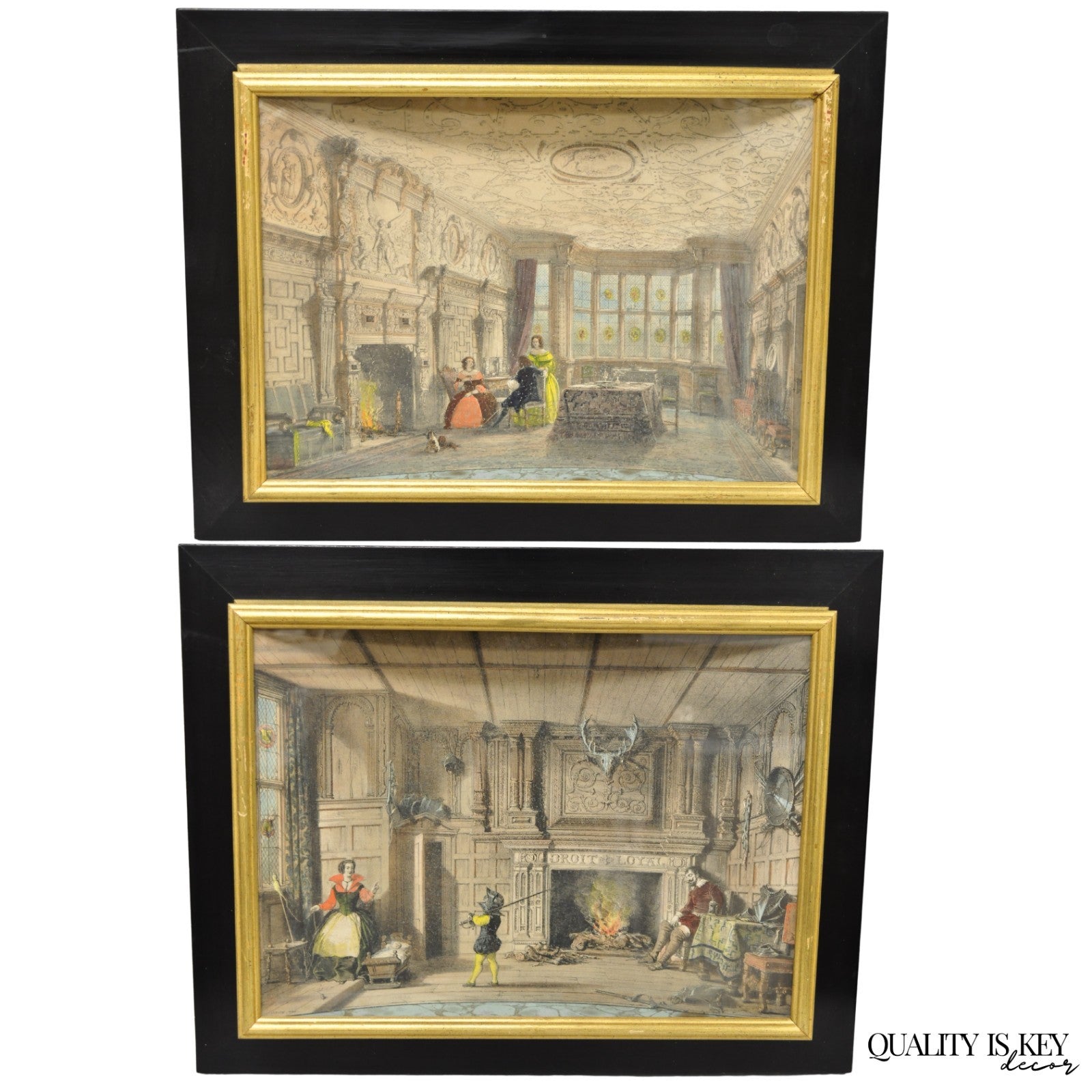 Antique Colored Lithograph 3D Frame Hall of Levens & Trophy Room Joseph Nash (2)
