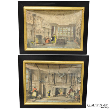 Antique Colored Lithograph 3D Frame Hall of Levens & Trophy Room Joseph Nash (2)