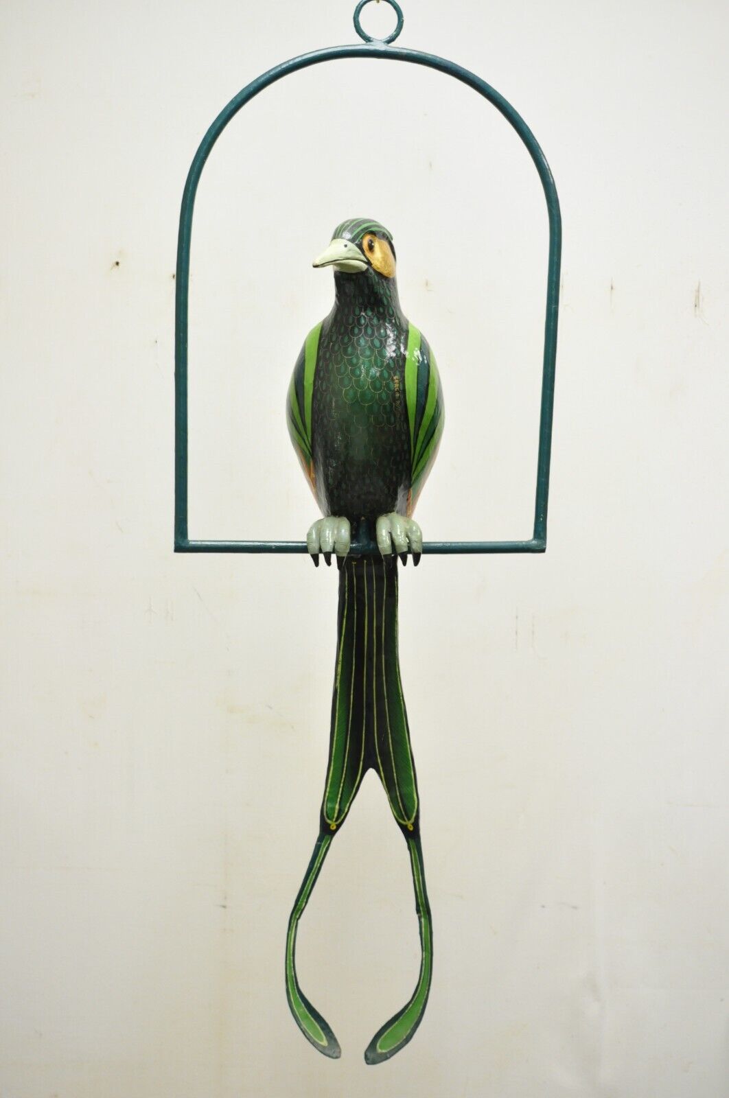 Signed Sergio Bustamante Paper Mache Green Parrot Bird Hanging Sculpture