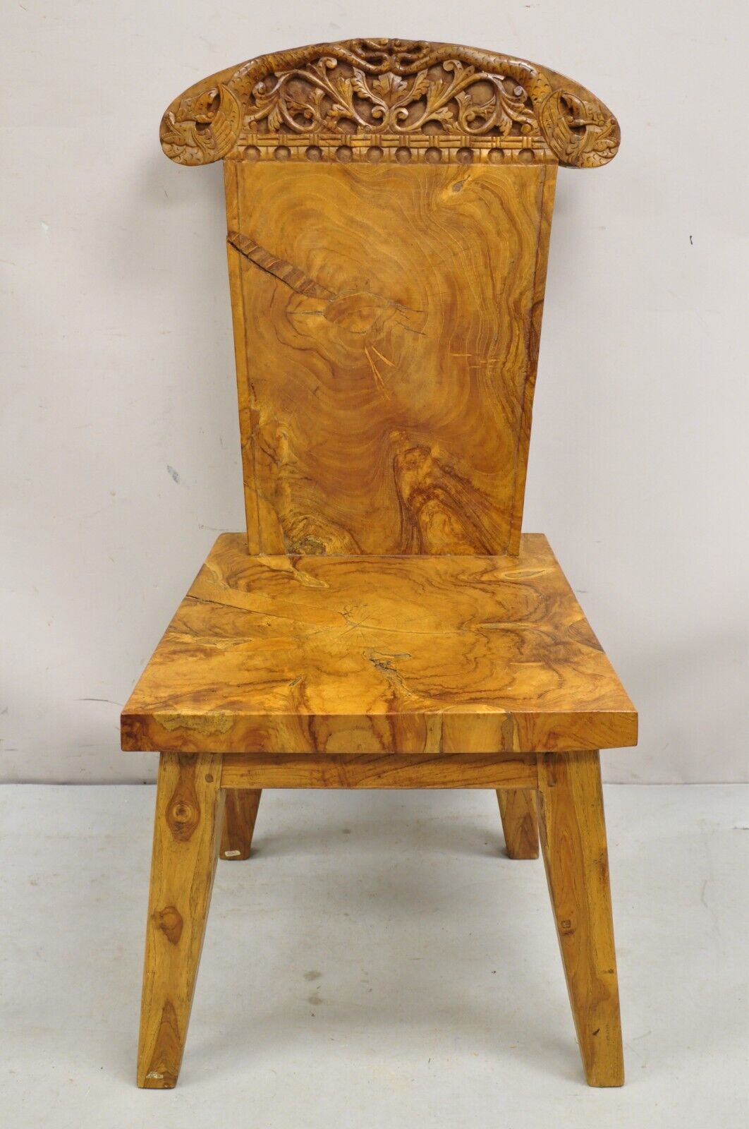Indonesian Carved Solid Burl Wood Slab Continental Figural Side Chairs - a Pair