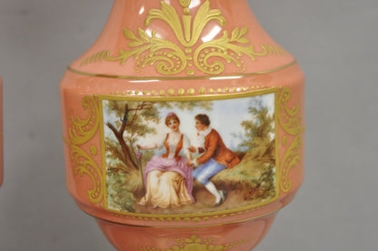 Antique French Victorian Paris Porcelain Coral Figural Painted Table Lamps, Pair