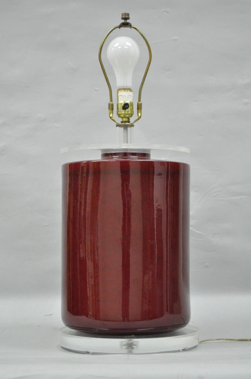 Vintage Mid Century Modern Red Ceramic Cylinder & Lucite Modernist Table Lamp