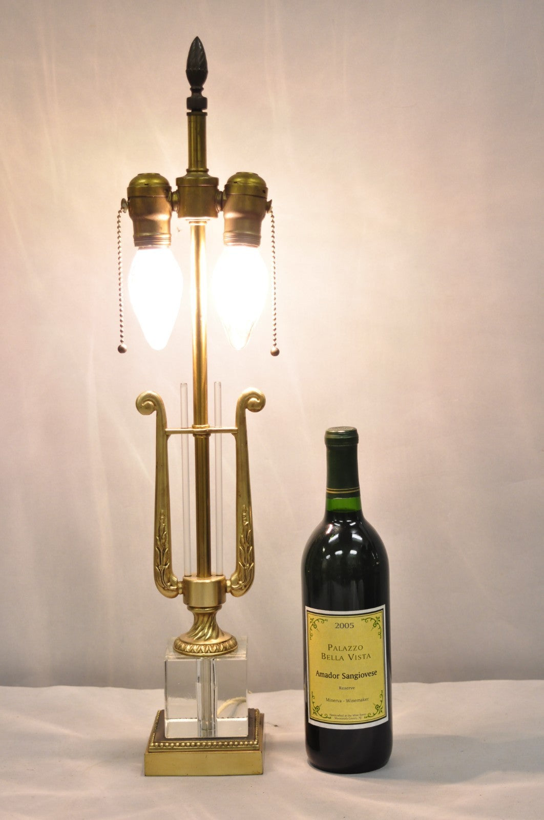 Antique French Empire Brass & Glass Classical Lyre Harp Small Boudoir Table Lamp
